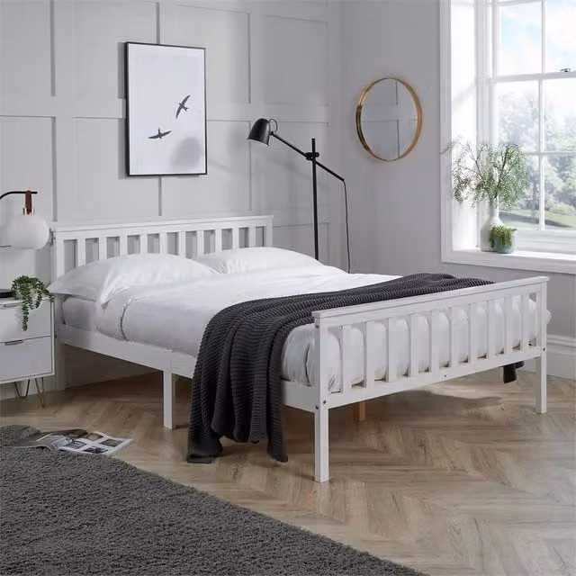 SPETLEK Double Wooden Bed Frame in White, Solid Pine Wood, W/D/H: 140 x 200 cm