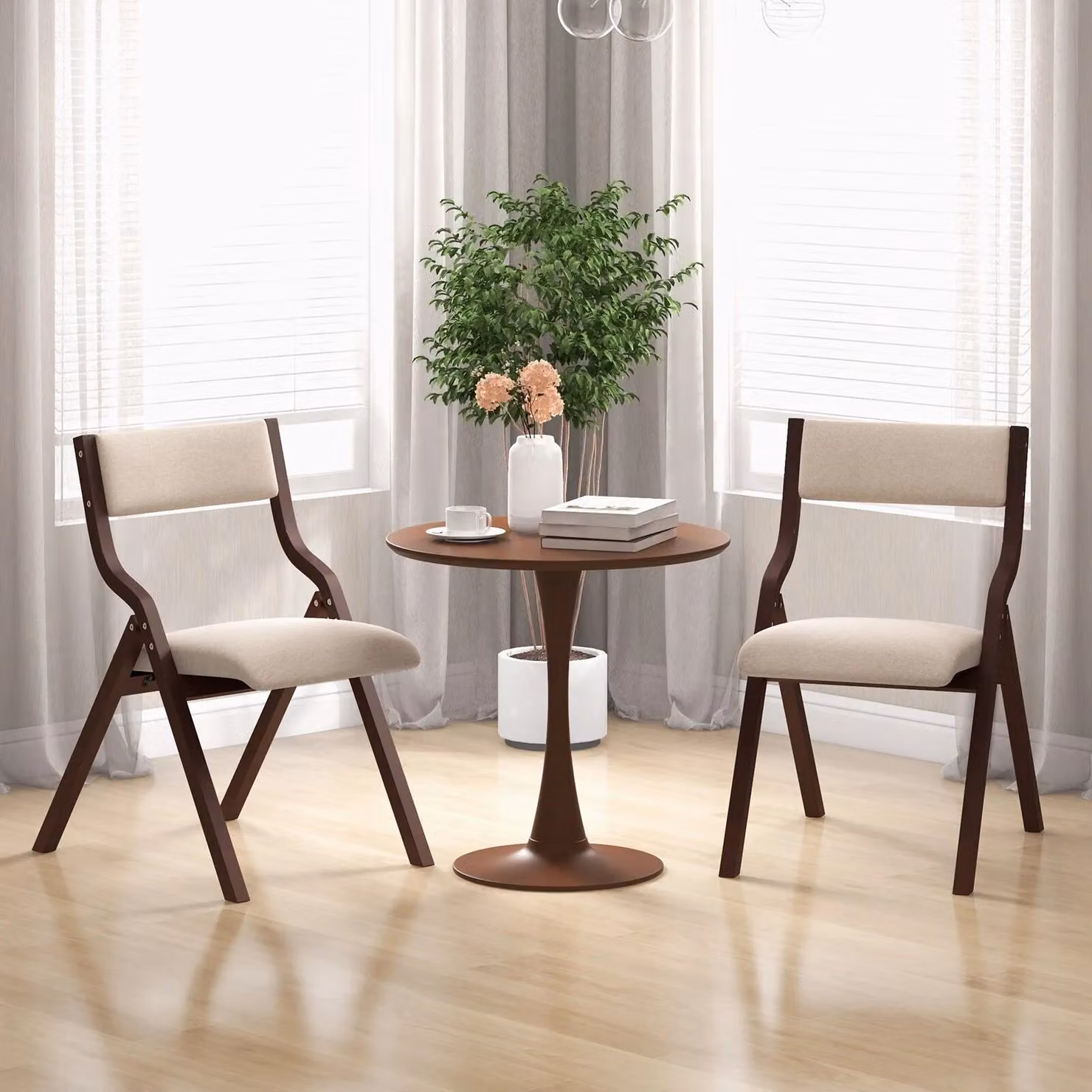 Costway Set of 2 Brown Padded Folding Wooden Counter Dining Chairs with Linen Fabric Seats – 2