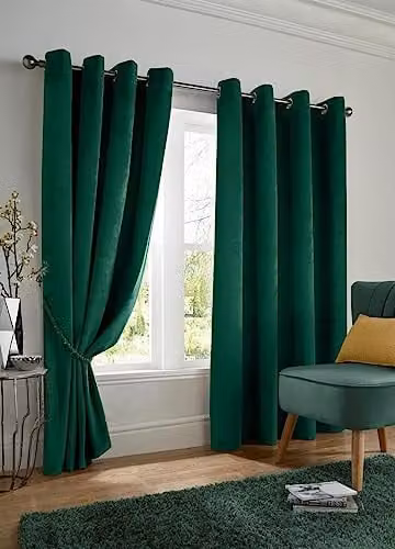 Alan Symonds Blackout Velvet Eyelet Curtains, Pair, Black or Green, H: 183 cm x W: 117 cm
