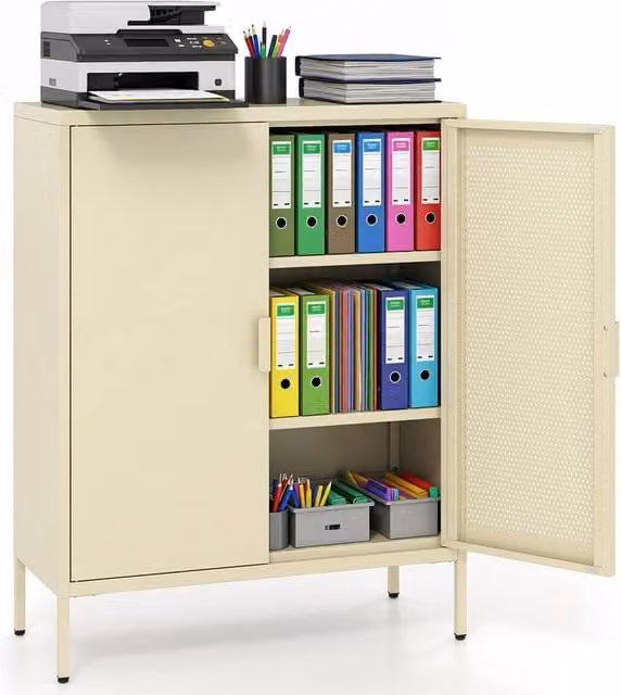 Kelvenix Metal Freestanding Storage Cabinet with 2 Hinged Doors and Internal Shelves in Sand Beige – 1