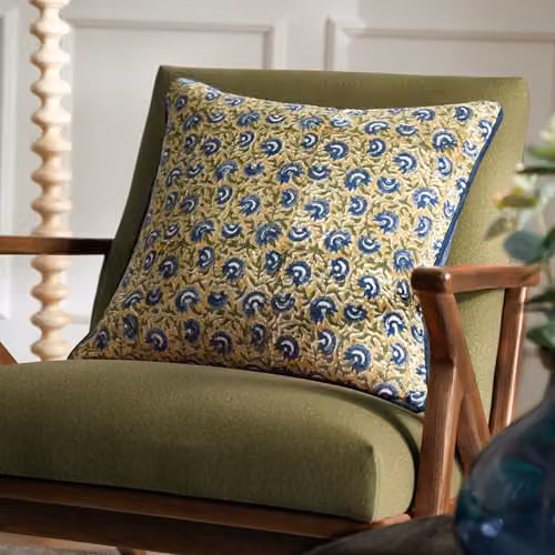 Paoletti Chedworth Floral Cotton Velvet Piped Decorative Square Cushion, Yellow and Blue, W/D/H: 50 x 50 x 50 cm – 5