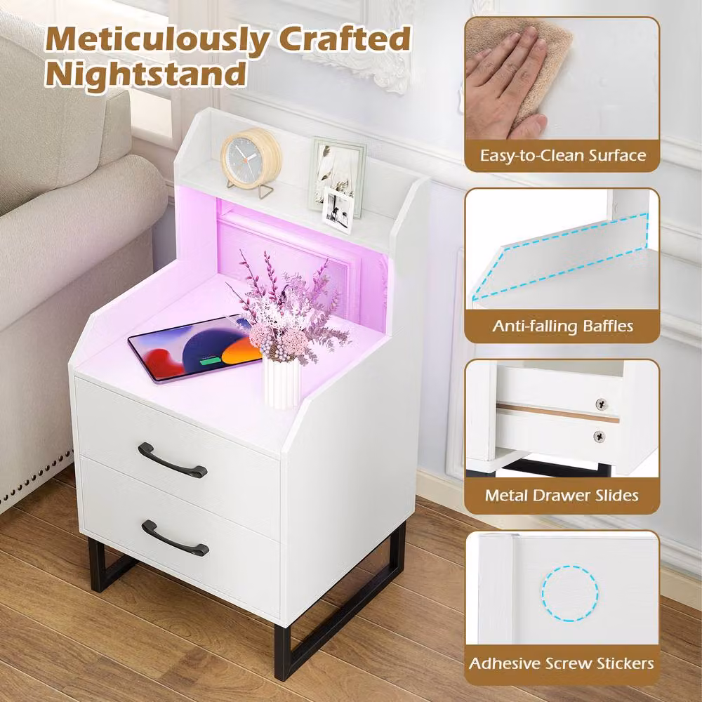 Gymax Modern White Bedside Table with Integrated LED Lights and Charging Station – 2