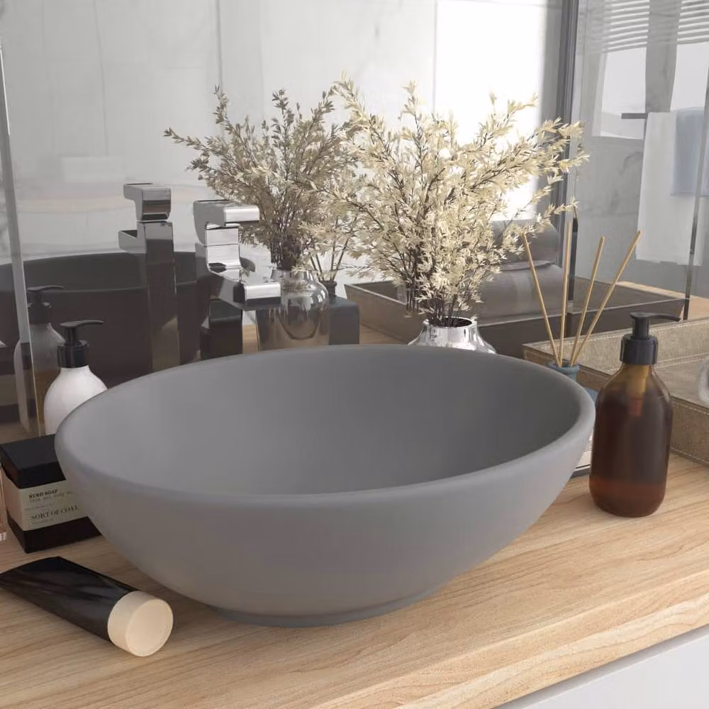 Berkfield Home Luxury Oval Ceramic Basin in Matt Light Grey, W: 40 cm, D: 33 cm – 2