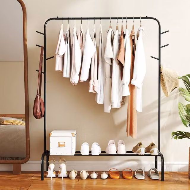 Costway Heavy Duty Metal Garment Wardrobe Rack with Dual Hook and Rail Matrix in Matt Black