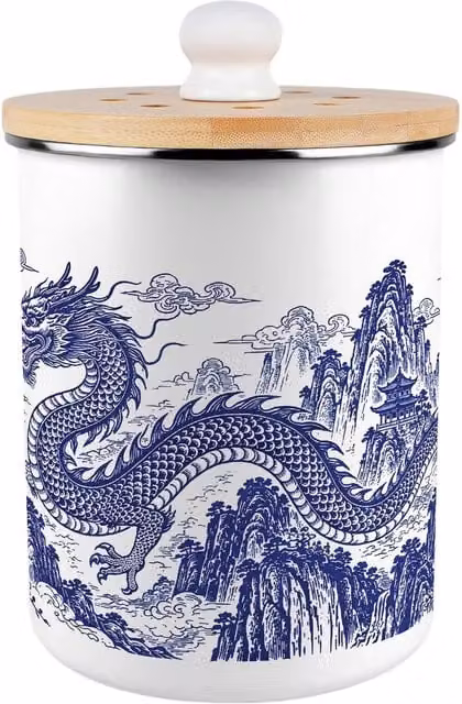 Purely Home Dragon Temple Metal Food Waste Caddy with Flip Lid, 2L, Blue and White