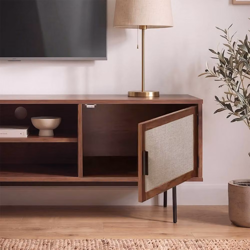 CALICOSY Jetson TV Unit in Dark Brown Walnut Finish with Fabric Fronts, W: 140 cm, D: 39.5 cm, H: 45 cm – 4