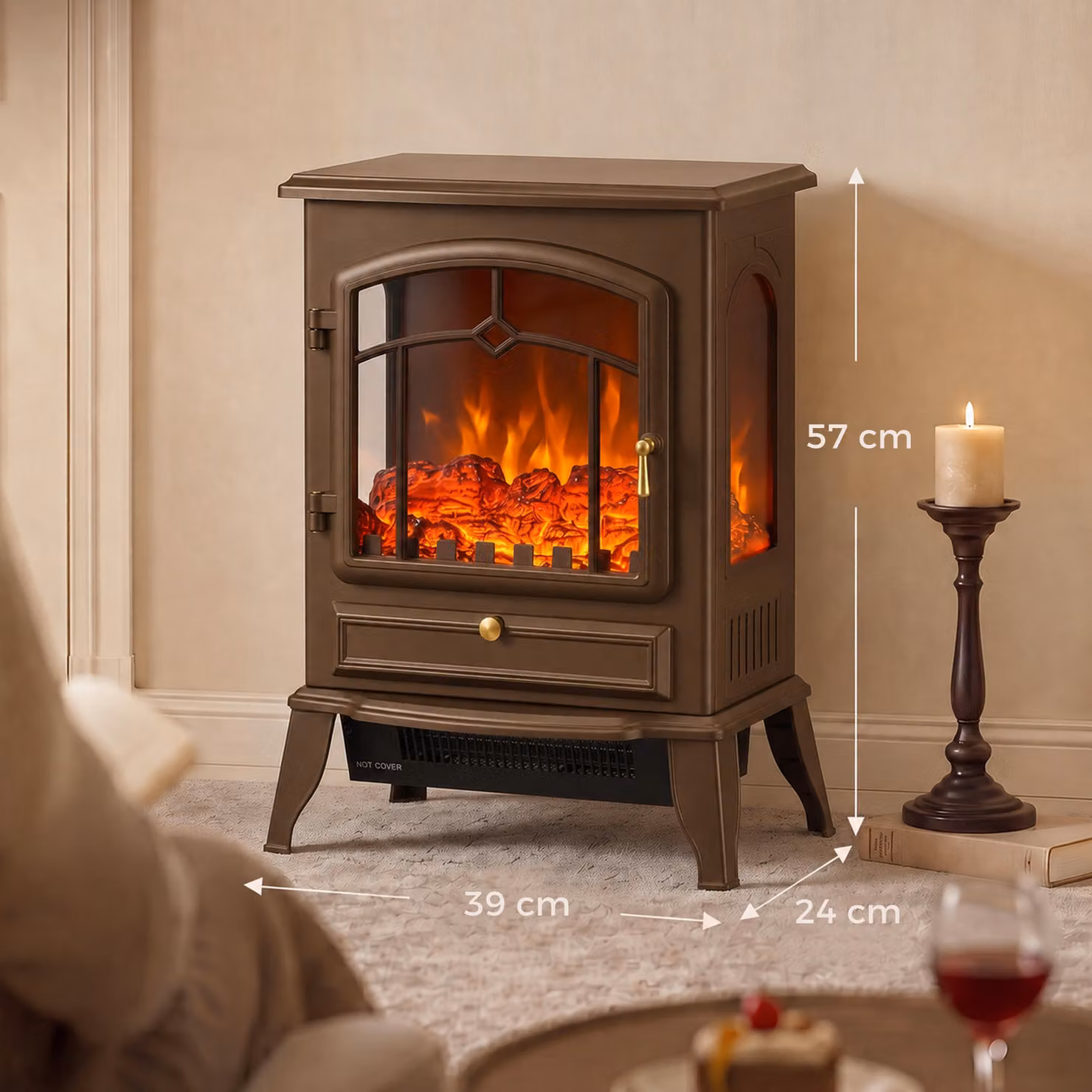 HOMCOM Brown 3-Sided Freestanding Electric Fireplace Stove with 3D Flame Log and Thermostat, 1000/2000W – 3