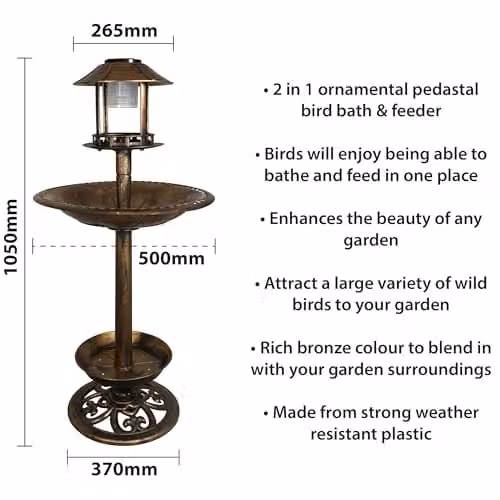 St Helens Home & Garden Ornamental Free Standing Pedestal Bird Bath and Feeder with Solar Powered Light, Bronze/Brown, H 105 cm x W 52 cm x D 52 cm – 2