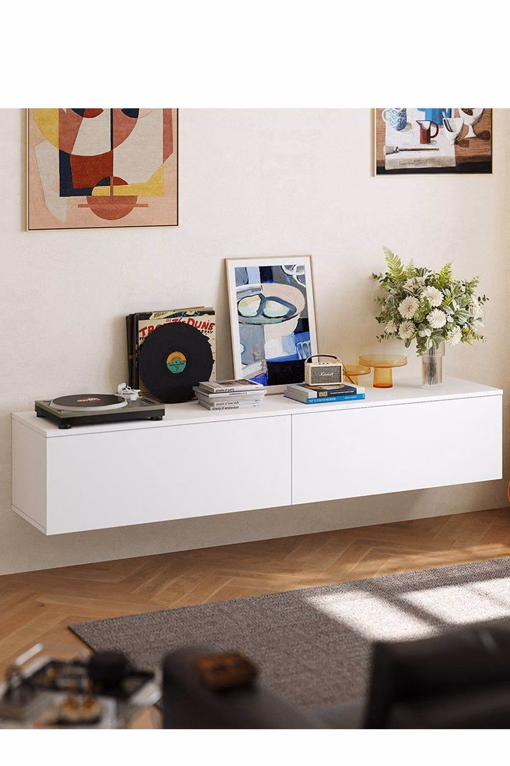 H&O Direct Matte Wall Mounted Floating TV Stand with 2 Flip Drawers in White – 3