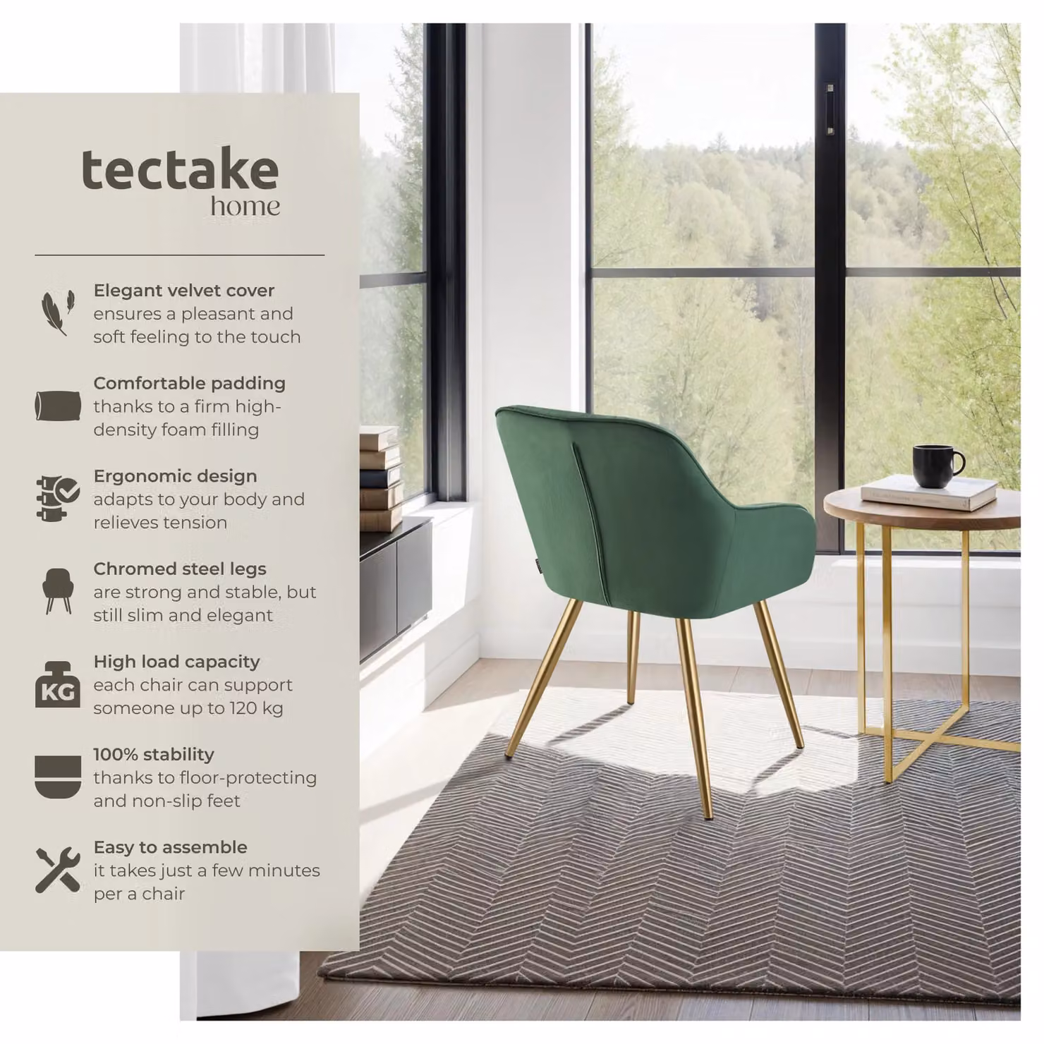 tectake Marilyn Set of 6 Modern Velvet Dining Chairs in Dark Green and Gold – 2