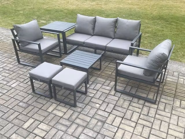 Fimous 7 Seater Outdoor Lounge Sofa Set in Dark Grey with Powder Coated Aluminium Frame, Coffee Table, 2 Chairs, 2 Footstools and Side Table