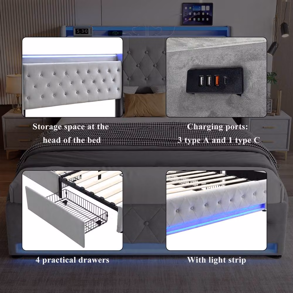 BTM Grey Velvet Upholstered Bed with 4 Drawers, USB Charging Port and LED Under-Bed Lighting, W/D/H: 140 x 190 x 45.5 cm – 5