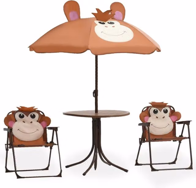 Berkfield Home 3 Piece Kids Garden Bistro Set with Parasol in Brown Metal