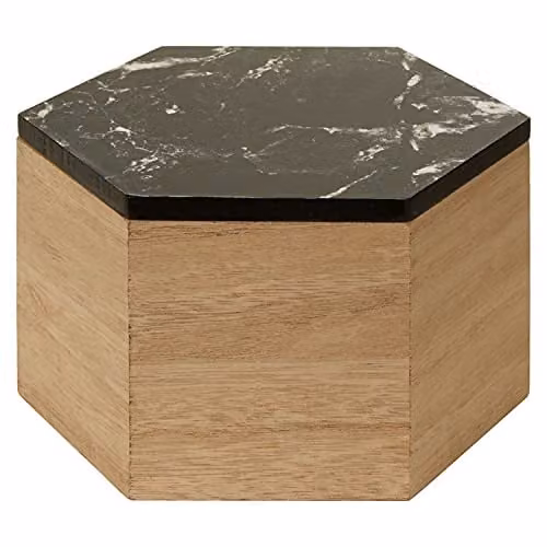 Premier Housewares Black and White Marble Effect Hexagonal Wooden Trinket Box with Lid W/D/H: 16.0 x 11.0 x 18.0 cm – 1