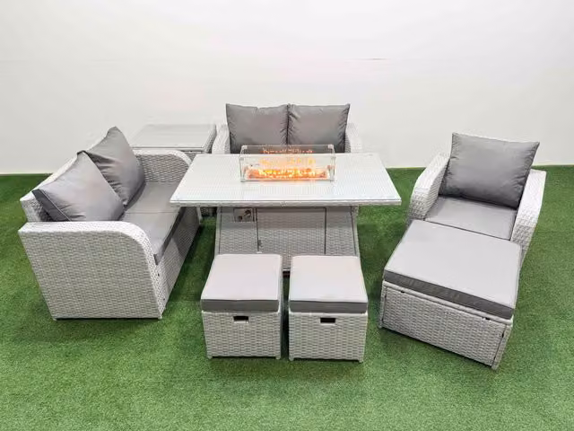 Fimous Grey Poly Rattan Garden Furniture Set with High Back Reclining Chair, Loveseat Sofa, Firepit Dining Table, 3 Stools and Side Table