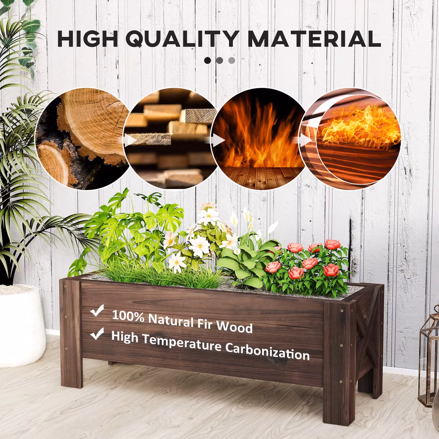 Outsunny Carbonized Wooden Garden Raised Bed Planter in Brown, W/D/H: 36.5 x 36.5 x 36 cm – 5