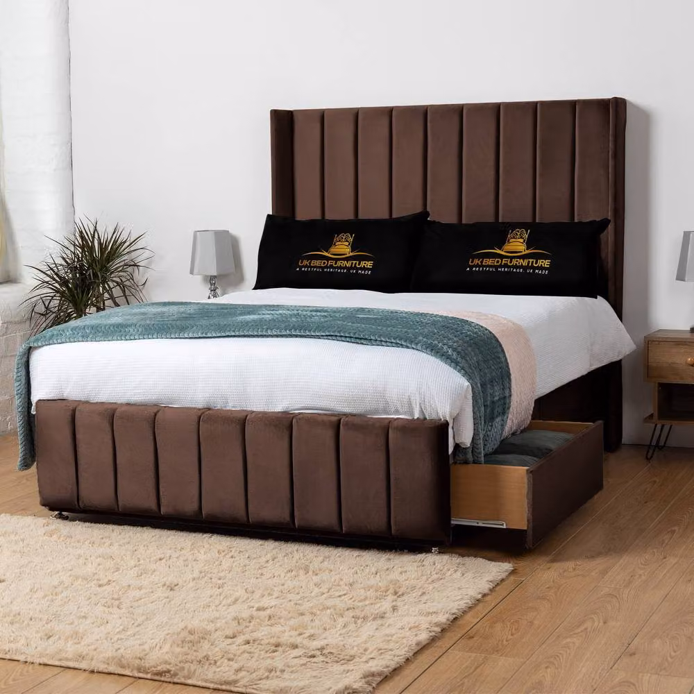 UK Bed Furniture Arizona Wingback Divan Bed Base with 54 Inch Headboard in Brown Velvet, W/D/H: 140 x 200 cm – 2