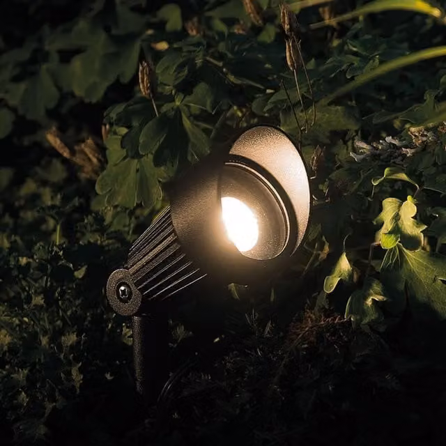 TECHMAR 12V Focus LED Garden Spotlight in Black Aluminium with Adjustable Warm White Floodlight