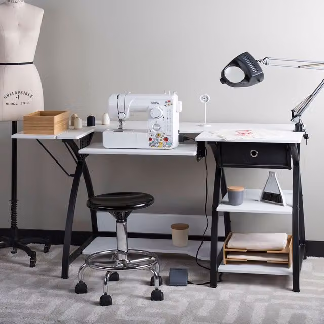 Sewing Online Multipurpose Sewing Craft Table with Folding Drop Leaf Top in Black and White