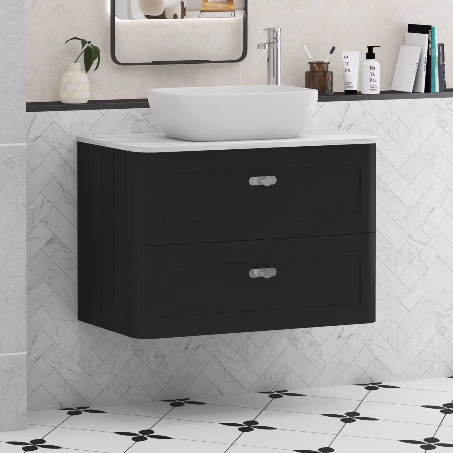 Royal Bathrooms Henley 800mm Matt Nocturne Black Wall Hung 2 Drawer Vanity Unit with Elva Basin and Chrome Knob
