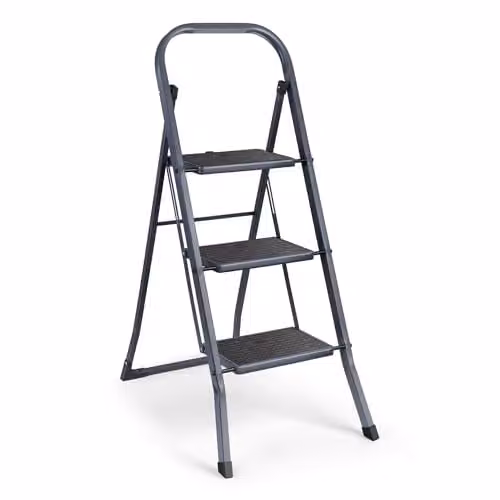 VonHaus 3 Step Steel Ladder in Grey with Anti-Slip Rubber Feet, 150kg Max Capacity
