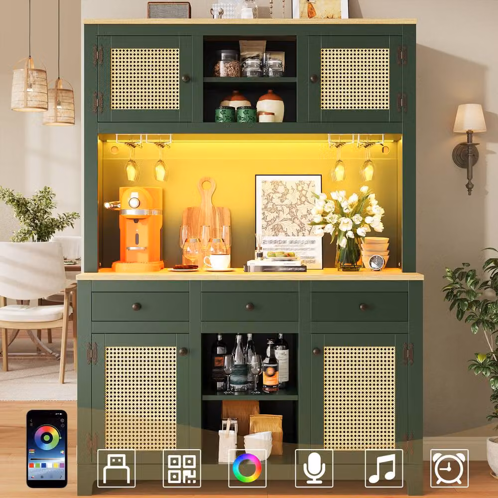 ModernLuxe Green Tall Kitchen Cupboard with PE Rattan and LED Lighting, W/D/H: 120 x 40 x 180 cm – 2