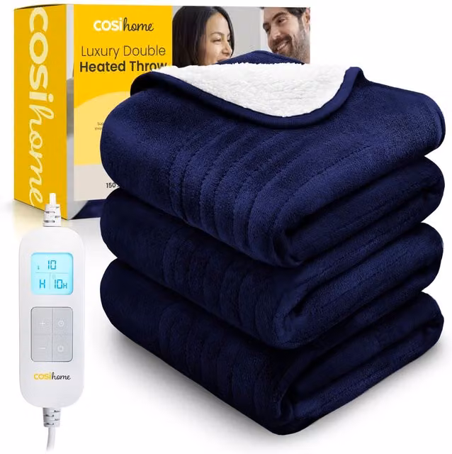 Cosi Home Fleece and Sherpa Electric Heated Throw in Blue – 1