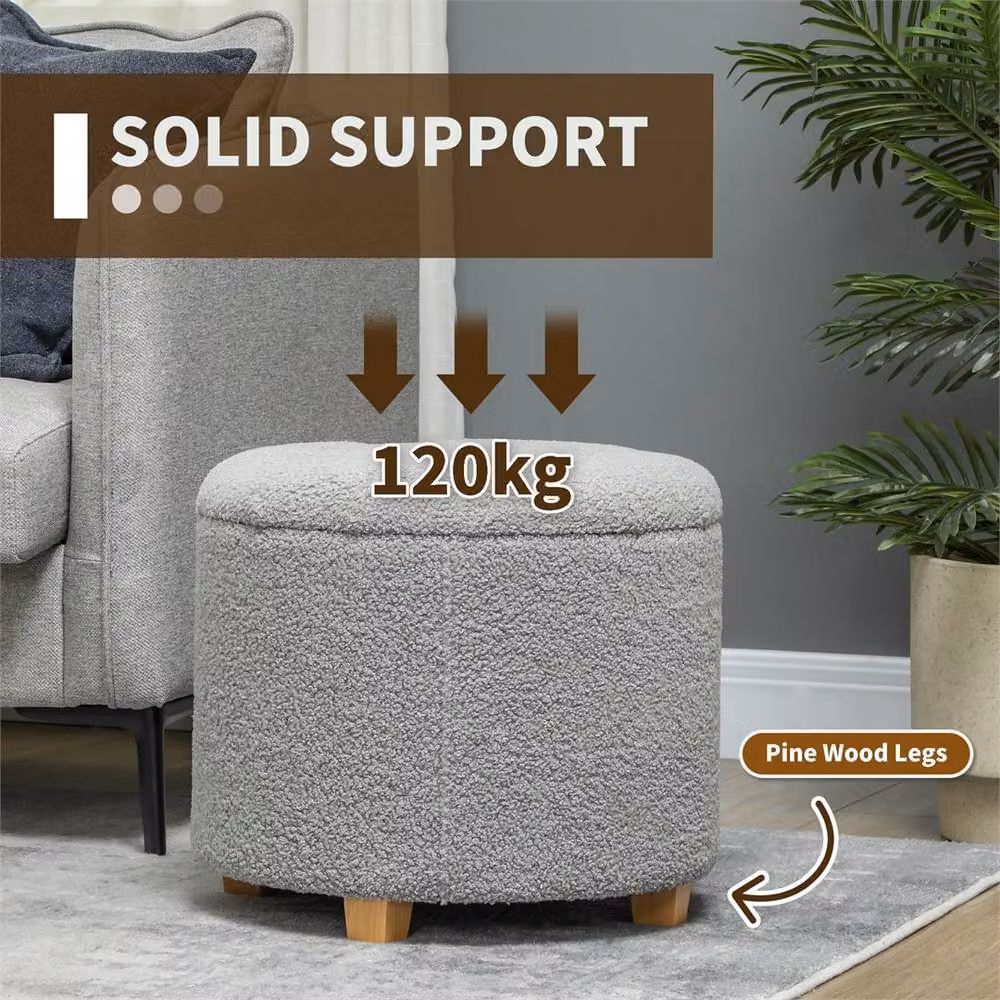 EONLION Grey Bouclé Round Storage Ottoman, Diameter: 45 cm, Height: 45 cm – 3