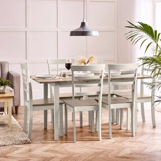 FurnitureboxUK Salcombe Extending Light Grey Rubberwood Dining Table and 6 Whitby Dining Chairs