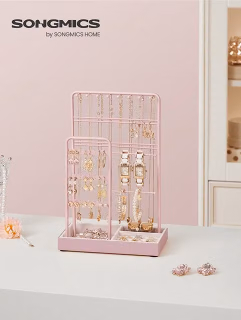 SONGMICS Jewellery Display Stand Organiser with Velvet Tray, Pink