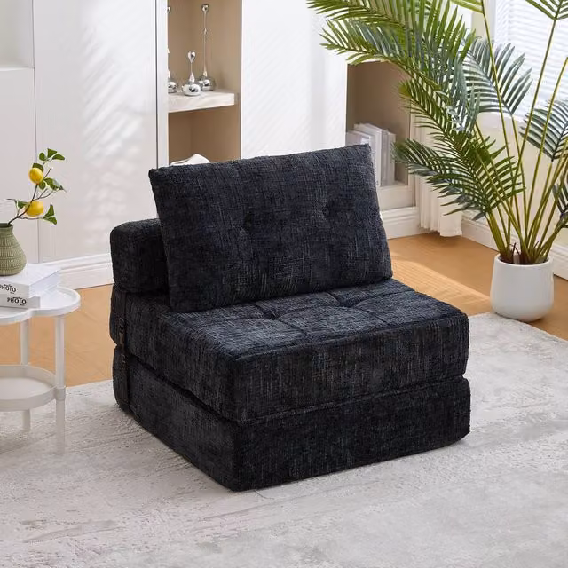 Matteo Convertible Tufted Chenille Folding Sofa Bed in Black