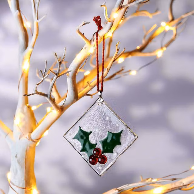 Sienna Glass Handmade Fused Glass Hanging Ornament with Green and Red Holly Leaf Design