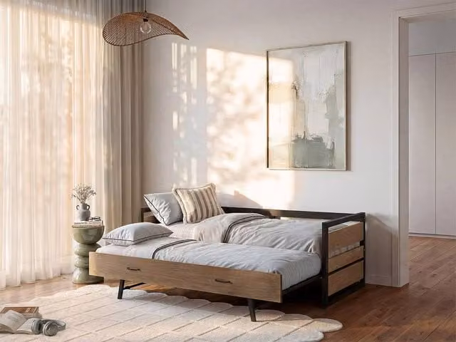 Vente-unique BOSTON Industrial Single Trundle Bed in Light Oak with MDF, Pine and Metal – 1