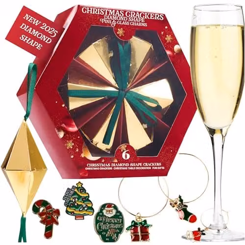 KreativeKraft Gold and Multicolour Star Glass Christmas Crackers, Pack of 6 – 1