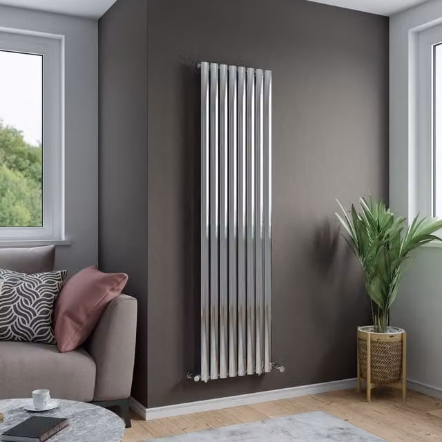 Agadon Solo Designer Oval Tube Radiator in Metallic Silver, H: 180 cm, W: 36 cm, D: 3.6 cm