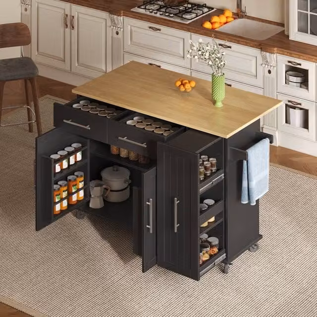 Merax Rolling Kitchen Island Trolley with Drop Leaf and Pull Out Storage in Black, W/D/H: 90 x 40 x 40 cm – 1