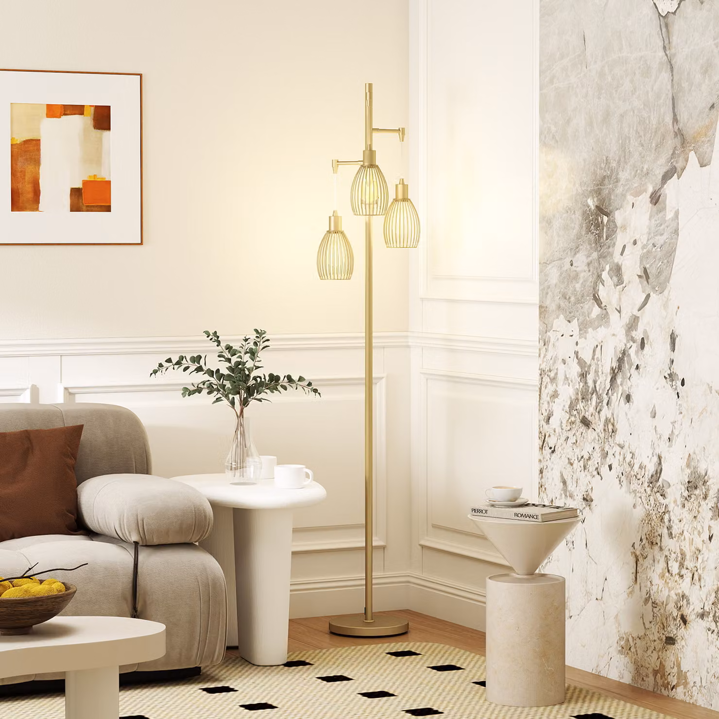 HOMCOM Industrial 3-Light Dimmable Floor Lamp in Gold Tone, Height: 170 cm – 2