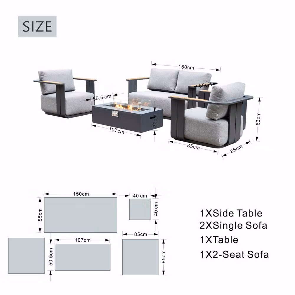 Mimo 4-Seater Grey Garden Furniture Set with Powder Coated Aluminium Frame, Teak Accents and Iron Firepit Table – 3