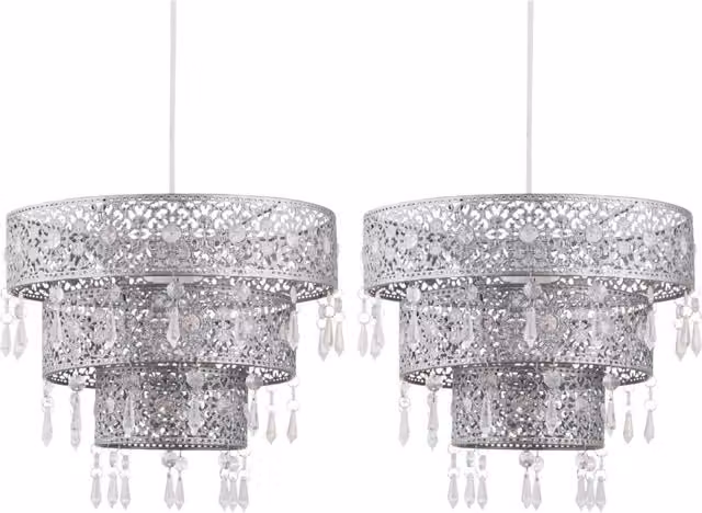 First Choice Lighting Blanca Easy Fit Jewelled Pendant Shades, Set of 2, Silver with Clear Acrylic Detail