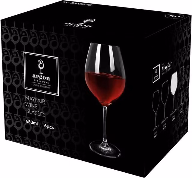 Argon Tableware Mayfair Lead-Free Crystal Red Wine Glasses, 650ml, Pack of 6, Transparent