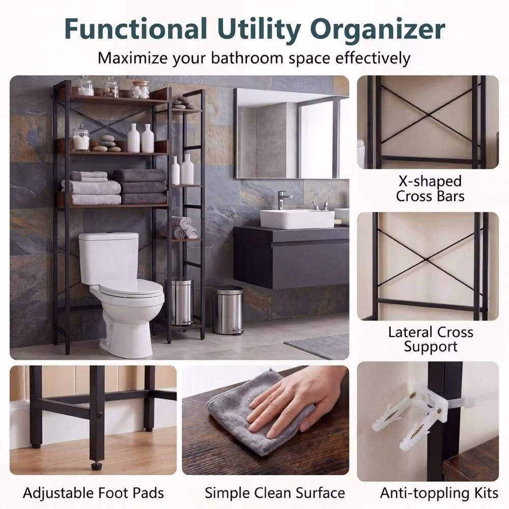 VOGREX 7-Tier Metal Toilet Rack with 2 Fabric Drawers in Brown – 5