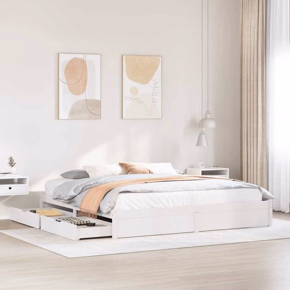 Berkfield Home White Solid Wood Pine Bed Frame W/D/H: 200 x 200 cm