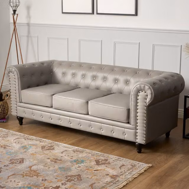 Bravich LTD Chesterfield 3-Seater Sofa in Grey Faux Leather with Button-Tufted Detail – 1