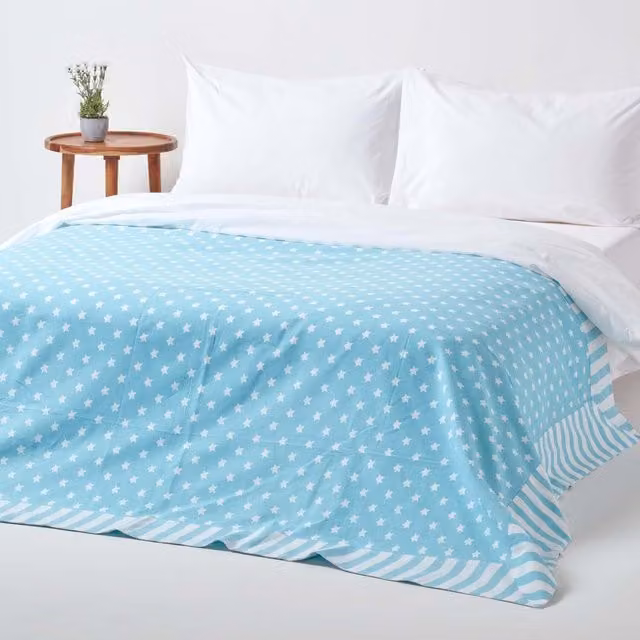 Homescapes Blue Cotton Patchwork Stars and Stripes Decorative Throw for Children