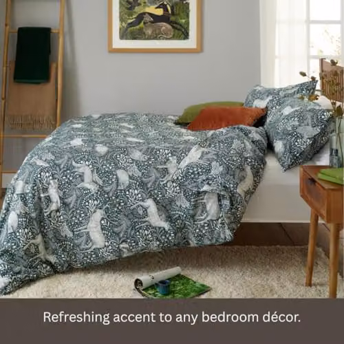Deyongs Woodland Folk Printed Cotton Rich Duvet Cover Set with Pillowcases in Blue, Green, or Grey – 4
