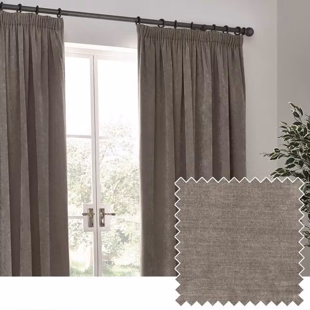Yard Heavy Chenille Blackout Pencil Pleat Curtain Pair in Beige, W: 117 cm, H: 137 cm