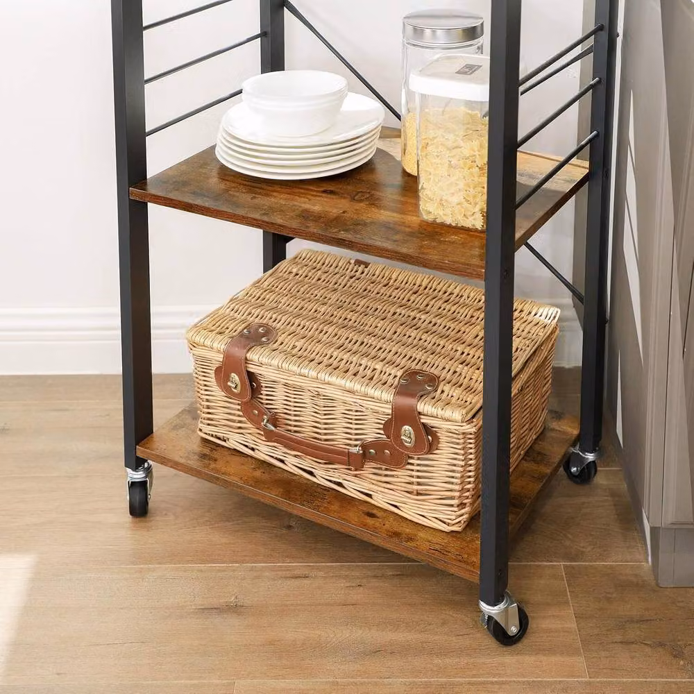 The Bazaarist 3 Tier Rolling Kitchen Cart with 6 Hooks in Brown and Black – 5