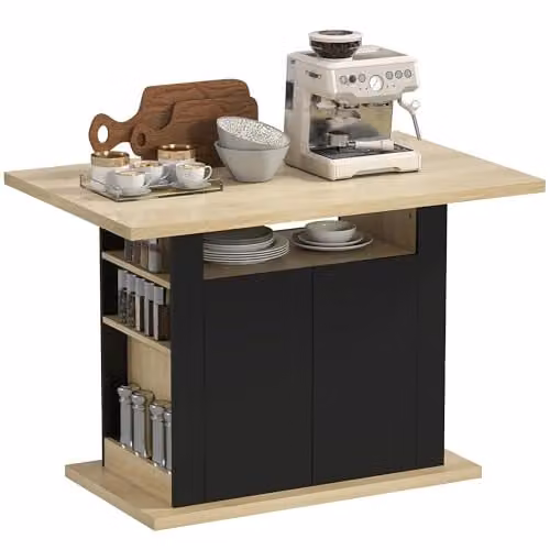 HOMCOM Modern Kitchen Island with Storage Cabinet and Internal Shelves, Black, W/D/H: 110 x 70 x 75.5 cm – 1