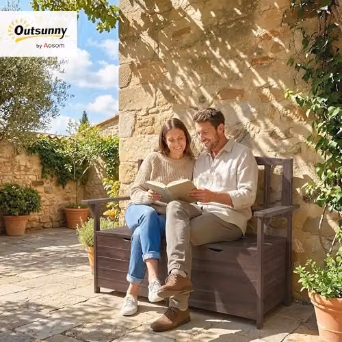 Outsunny 2 Seater Garden Storage Bench in Brown Wood, W/D/H: 112 x 84 x 58 cm – 2