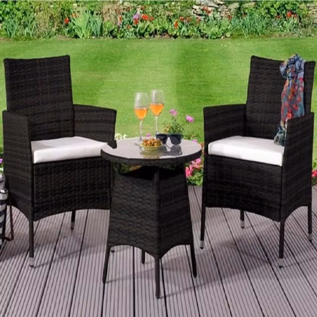 Comfy Living 3 Piece Modern Rattan Bistro Set with Glass Top in Black